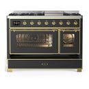 ILVE Majestic III 48-inch Dual Fuel Range with 5 Liquid Propane Burner, Griddle and Triple Glass Door Electric Oven in Graphite Matte with Brass Trim (UM48FNR3MGGLP)