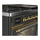 ILVE Majestic III 48-inch Dual Fuel Range with 5 Liquid Propane Burner, Griddle and Triple Glass Door Electric Oven in Graphite Matte with Brass Trim (UM48FNR3MGGLP)