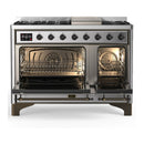 ILVE Majestic III 48-inch Dual Fuel Range with 5 Liquid Propane Burner, Griddle and Triple Glass Door Electric Oven in Stainless Steel with Burnished Trim (UM48FNR3SSBLP)