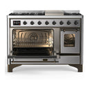 ILVE Majestic III 48-inch Dual Fuel Range with 5 Natural Gas Burner, Griddle and Triple Glass Door Electric Oven in Stainless Steel with Burnished Trim (UM48FNR3SSB)
