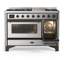ILVE Majestic III 48-inch Dual Fuel Range with 5 Natural Gas Burner, Griddle and Triple Glass Door Electric Oven in Stainless Steel with Burnished Trim (UM48FNR3SSB)