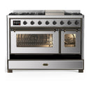 ILVE Majestic III 48-inch Dual Fuel Range with 5 Natural Gas Burner, Griddle and Triple Glass Door Electric Oven in Stainless Steel with Burnished Trim (UM48FNR3SSB)