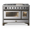 ILVE Majestic III 48-inch Dual Fuel Range with 5 Liquid Propane Burner, Griddle and Triple Glass Door Electric Oven in Stainless Steel with Burnished Trim (UM48FNR3SSBLP)