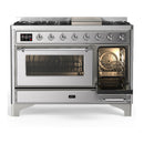 ILVE Majestic III 48-inch Dual Fuel Range with 5 Liquid Propane Burner, Griddle and Triple Glass Door Electric Oven in Stainless Steel with Chrome Trim (UM48FNR3SSCLP)