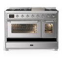 ILVE Majestic III 48-inch Dual Fuel Range with 5 Liquid Propane Burner, Griddle and Triple Glass Door Electric Oven in Stainless Steel with Chrome Trim (UM48FNR3SSCLP)