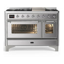 ILVE Majestic III 48-inch Dual Fuel Range with 5 Liquid Propane Burner, Griddle and Triple Glass Door Electric Oven in Stainless Steel with Chrome Trim (UM48FNR3SSCLP)