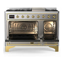 ILVE Majestic III 48-inch Dual Fuel Range with 5 Liquid Propane Burner, Griddle and Triple Glass Door Electric Oven in Stainless Steel with Brass Trim (UM48FNR3SSGLP)