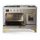 ILVE Majestic III 48-inch Dual Fuel Range with 5 Liquid Propane Burner, Griddle and Triple Glass Door Electric Oven in Stainless Steel with Brass Trim (UM48FNR3SSGLP)