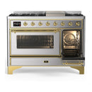 ILVE Majestic III 48-inch Dual Fuel Range with 5 Natural Gas Burner, Griddle and Triple Glass Door Electric Oven in Stainless Steel with Brass Trim (UM48FNR3SSG)