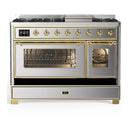 ILVE Majestic III 48-inch Dual Fuel Range with 5 Liquid Propane Burner, Griddle and Triple Glass Door Electric Oven in Stainless Steel with Brass Trim (UM48FNR3SSGLP)