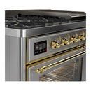 ILVE Majestic III 48-inch Dual Fuel Range with 5 Liquid Propane Burner, Griddle and Triple Glass Door Electric Oven in Stainless Steel with Brass Trim (UM48FNR3SSGLP)
