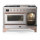 ILVE Majestic III 48-inch Dual Fuel Range with 5 Liquid Propane Burner, Griddle and Triple Glass Door Electric Oven in Stainless Steel with Copper Trim (UM48FNR3SSPLP)