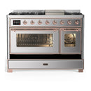 ILVE Majestic III 48-inch Dual Fuel Range with 5 Liquid Propane Burner, Griddle and Triple Glass Door Electric Oven in Stainless Steel with Copper Trim (UM48FNR3SSPLP)