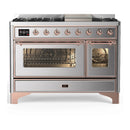 ILVE Majestic III 48-inch Dual Fuel Range with 5 Natural Gas Burner, Griddle and Triple Glass Door Electric Oven in Stainless Steel with Copper Trim (UM48FNR3SSP)