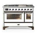 ILVE Majestic III 48-inch Dual Fuel Range with 5 Natural Gas Burner, Griddle and Triple Glass Door Electric Oven in White with Burnished Trim (UM48FNR3WHB)