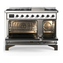 ILVE Majestic III 48-inch Dual Fuel Range with 5 Liquid Propane Burner, Griddle and Triple Glass Door Electric Oven in White with Burnished Trim (UM48FNR3WHBLP)