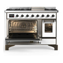 ILVE Majestic III 48-inch Dual Fuel Range with 5 Liquid Propane Burner, Griddle and Triple Glass Door Electric Oven in White with Burnished Trim (UM48FNR3WHBLP)