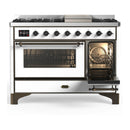 ILVE Majestic III 48-inch Dual Fuel Range with 5 Liquid Propane Burner, Griddle and Triple Glass Door Electric Oven in White with Burnished Trim (UM48FNR3WHBLP)