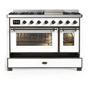 ILVE Majestic III 48-inch Dual Fuel Range with 5 Liquid Propane Burner, Griddle and Triple Glass Door Electric Oven in White with Burnished Trim (UM48FNR3WHBLP)