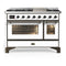 ILVE Majestic III 48-inch Dual Fuel Range with 5 Liquid Propane Burner, Griddle and Triple Glass Door Electric Oven in White with Burnished Trim (UM48FNR3WHBLP)