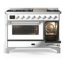 ILVE Majestic III 48-inch Dual Fuel Range with 5 Liquid Propane Burner, Griddle and Triple Glass Door Electric Oven in White with Chrome Trim (UM48FNR3WHCLP)