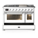 ILVE Majestic III 48-inch Dual Fuel Range with 5 Natural Gas Burner, Griddle and Triple Glass Door Electric Oven in White with Chrome Trim (UM48FNR3WHC)
