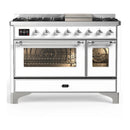 ILVE Majestic III 48-inch Dual Fuel Range with 5 Liquid Propane Burner, Griddle and Triple Glass Door Electric Oven in White with Chrome Trim (UM48FNR3WHCLP)
