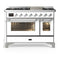 ILVE Majestic III 48-inch Dual Fuel Range with 5 Natural Gas Burner, Griddle and Triple Glass Door Electric Oven in White with Chrome Trim (UM48FNR3WHC)
