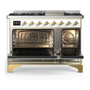 ILVE Majestic III 48-inch Dual Fuel Range with 5 Natural Gas Burner, Griddle and Triple Glass Door Electric Oven in White with Brass Trim (UM48FNR3WHG)
