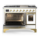 ILVE Majestic III 48-inch Dual Fuel Range with 5 Natural Gas Burner, Griddle and Triple Glass Door Electric Oven in White with Brass Trim (UM48FNR3WHG)