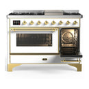 ILVE Majestic III 48-inch Dual Fuel Range with 5 Liquid Propane Burner, Griddle and Triple Glass Door Electric Oven in White with Brass Trim (UM48FNR3WHGLP)