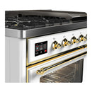 ILVE Majestic III 48-inch Dual Fuel Range with 5 Liquid Propane Burner, Griddle and Triple Glass Door Electric Oven in White with Brass Trim (UM48FNR3WHGLP)