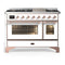 ILVE Majestic III 48-inch Dual Fuel Range with 5 Liquid Propane Burner, Griddle and Triple Glass Door Electric Oven in White with Copper Trim (UM48FNR3WHPLP)