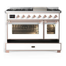 ILVE Majestic III 48-inch Dual Fuel Range with 5 Natural Gas Burner, Griddle and Triple Glass Door Electric Oven in White with Copper Trim (UM48FNR3WHP)