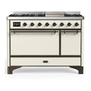 ILVE Majestic III 48-inch Dual Fuel Range with 5 Natural Gas Burner, Griddle and Solid Door Electric Oven in Antique White with Burnished Trim (UM48FQNR3AWB)