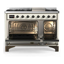 ILVE Majestic III 48-inch Dual Fuel Range with 5 Liquid Propane Burner, Griddle and Solid Door Electric Oven in Antique White with Burnished Trim (UM48FQNR3AWBLP)