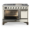 ILVE Majestic III 48-inch Dual Fuel Range with 5 Liquid Propane Burner, Griddle and Solid Door Electric Oven in Antique White with Burnished Trim (UM48FQNR3AWBLP)
