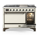 ILVE Majestic III 48-inch Dual Fuel Range with 5 Liquid Propane Burner, Griddle and Solid Door Electric Oven in Antique White with Burnished Trim (UM48FQNR3AWBLP)