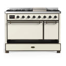 ILVE Majestic III 48-inch Dual Fuel Range with 5 Natural Gas Burner, Griddle and Solid Door Electric Oven in Antique White with Burnished Trim (UM48FQNR3AWB)