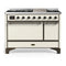 ILVE Majestic III 48-inch Dual Fuel Range with 5 Natural Gas Burner, Griddle and Solid Door Electric Oven in Antique White with Burnished Trim (UM48FQNR3AWB)