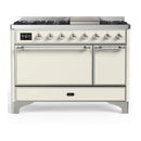 ILVE Majestic III 48-inch Dual Fuel Range with 5 Natural Gas Burner, Griddle and Solid Door Electric Oven in Antique White with Chrome Trim (UM48FQNR3AWC)