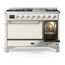 ILVE Majestic III 48-inch Dual Fuel Range with 5 Liquid Propane Burner, Griddle and Solid Door Electric Oven in Antique White with Chrome Trim (UM48FQNR3AWCLP)
