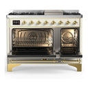 ILVE Majestic III 48-inch Dual Fuel Range with 5 Natural Gas Burner, Griddle and Solid Door Electric Oven in Antique White with Brass Trim (UM48FQNR3AWG)