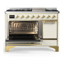 ILVE Majestic III 48-inch Dual Fuel Range with 5 Natural Gas Burner, Griddle and Solid Door Electric Oven in Antique White with Brass Trim (UM48FQNR3AWG)
