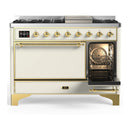 ILVE Majestic III 48-inch Dual Fuel Range with 5 Liquid Propane Burner, Griddle and Solid Door Electric Oven in Antique White with Brass Trim (UM48FQNR3AWGLP)