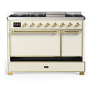 ILVE Majestic III 48-inch Dual Fuel Range with 5 Natural Gas Burner, Griddle and Solid Door Electric Oven in Antique White with Brass Trim (UM48FQNR3AWG)