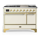 ILVE Majestic III 48-inch Dual Fuel Range with 5 Liquid Propane Burner, Griddle and Solid Door Electric Oven in Antique White with Brass Trim (UM48FQNR3AWGLP)