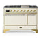 ILVE Majestic III 48-inch Dual Fuel Range with 5 Liquid Propane Burner, Griddle and Solid Door Electric Oven in Antique White with Brass Trim (UM48FQNR3AWGLP)