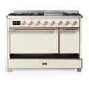 ILVE Majestic III 48-inch Dual Fuel Range with 5 Natural Gas Burner, Griddle and Solid Door Electric Oven in Antique White with Copper Trim (UM48FQNR3AWP)