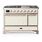 ILVE Majestic III 48-inch Dual Fuel Range with 5 Natural Gas Burner, Griddle and Solid Door Electric Oven in Antique White with Copper Trim (UM48FQNR3AWP)